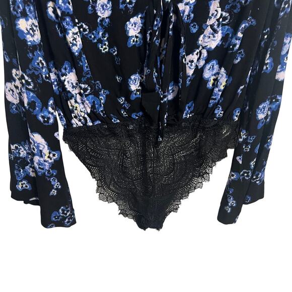 Intimately Free People Black Blue Floral Tie Lace Body Suit Medium - Picture 2 of 13